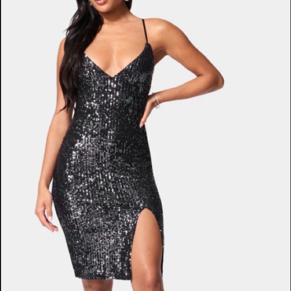 bebe High Slit Sequin Midi Dress